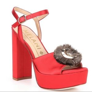 Antonio Melani Red Satin Celestial Fringe Ankle Strap Platform. 🌙 ✨